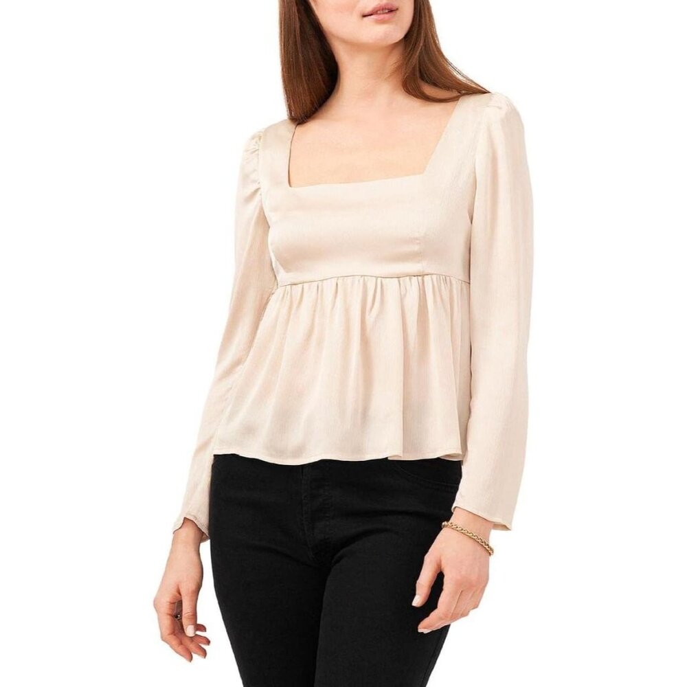 1.STATE Winter Luxe Blouse Top Square Neckline Puff Sleeve Womens Tapioca Size 6